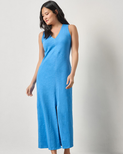 V-Neck Seamed Maxi Dress in blue textured knit by LILLA P, styled with relaxed elegance