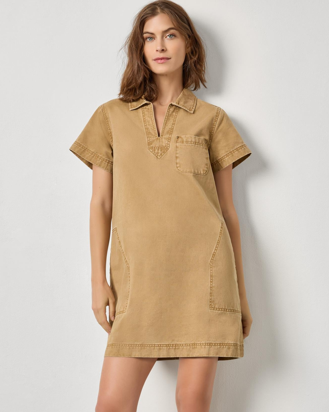 Twill Split Neck Collared Dress