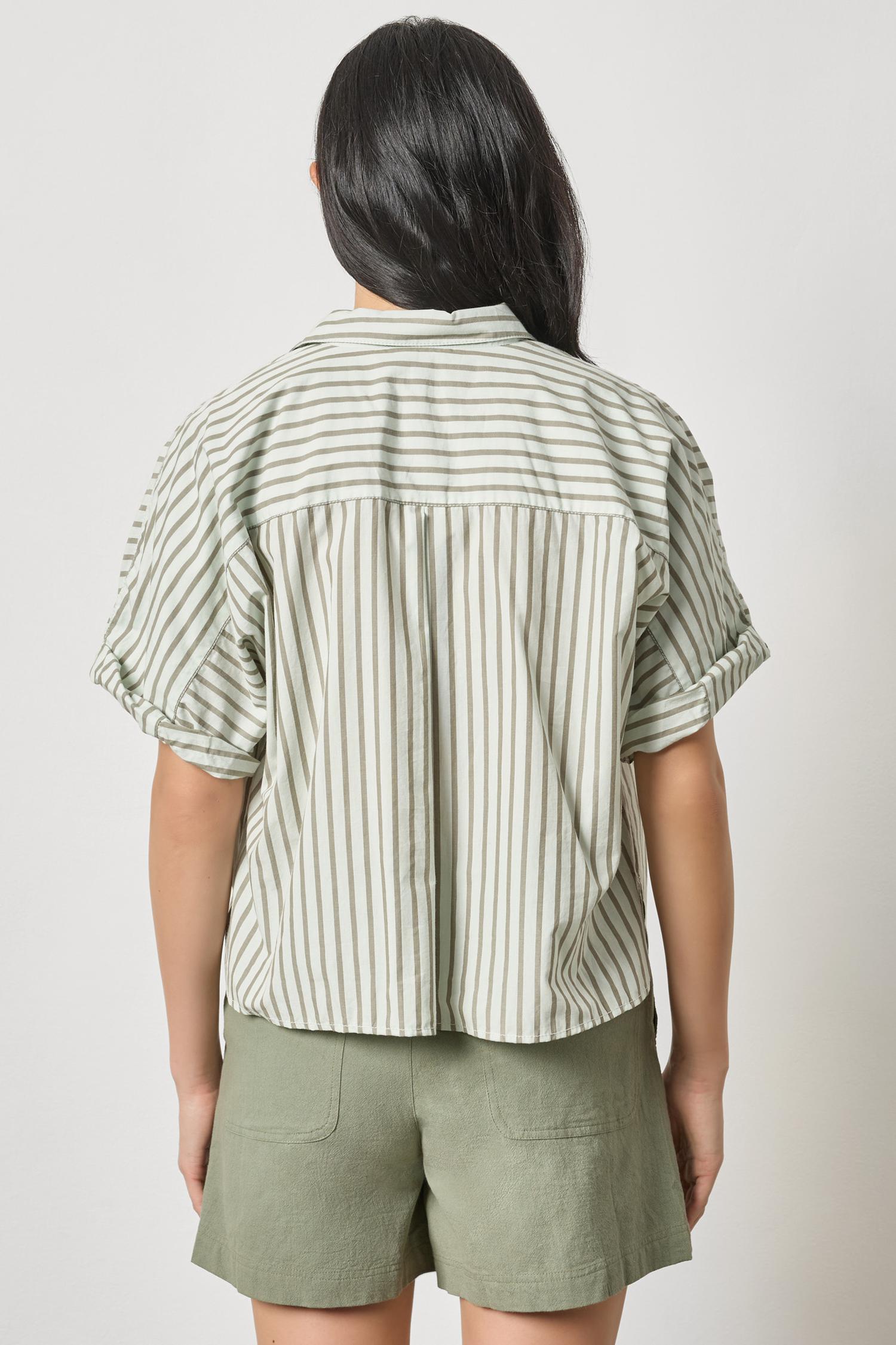 Back view of Striped Oversized Button Down Dolman in cotton poplin from LILLA P collection