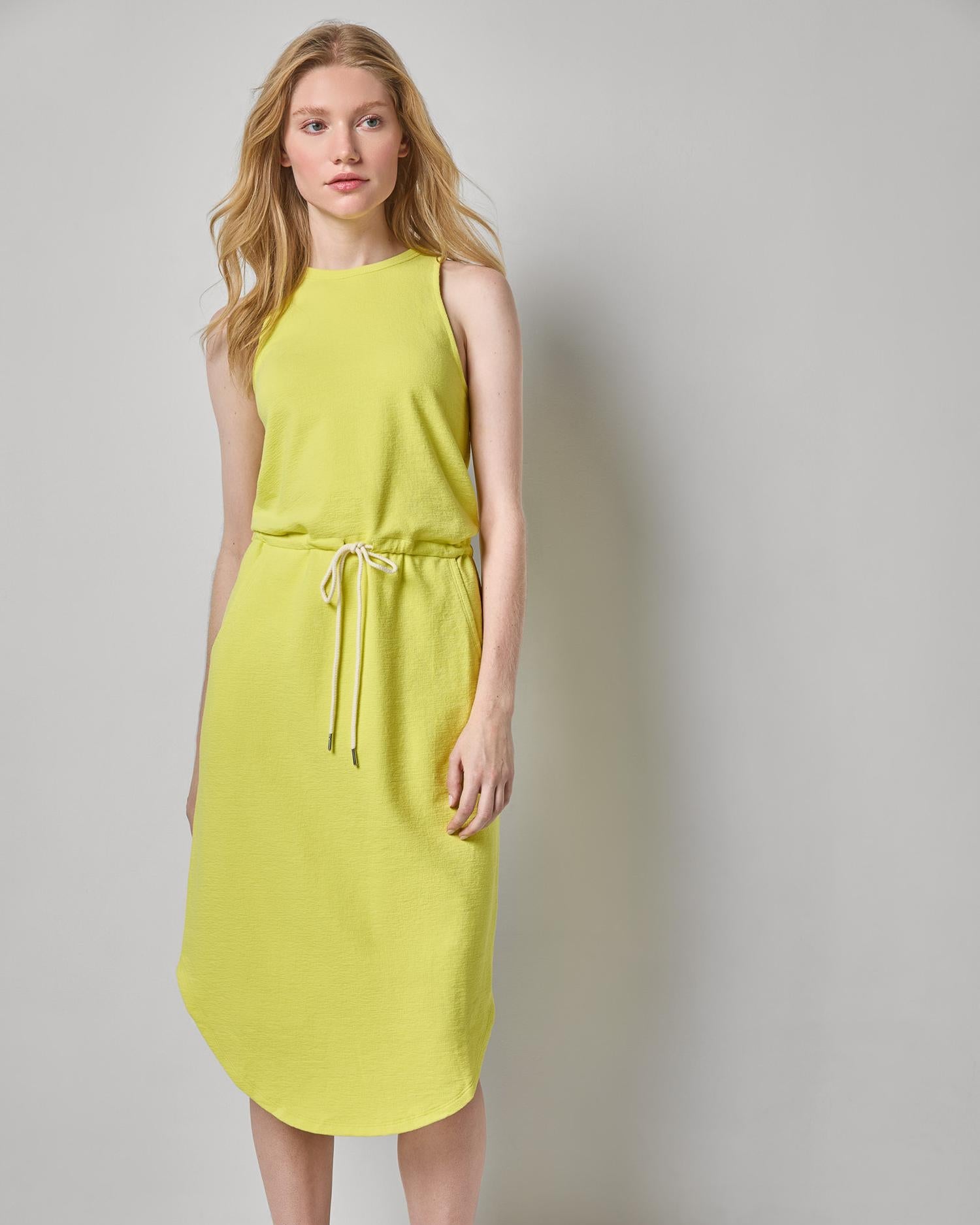 Textured Terry Shirttail Midi Dress in yellow cotton terry with rope drawcord, from LILLA P women's collection
