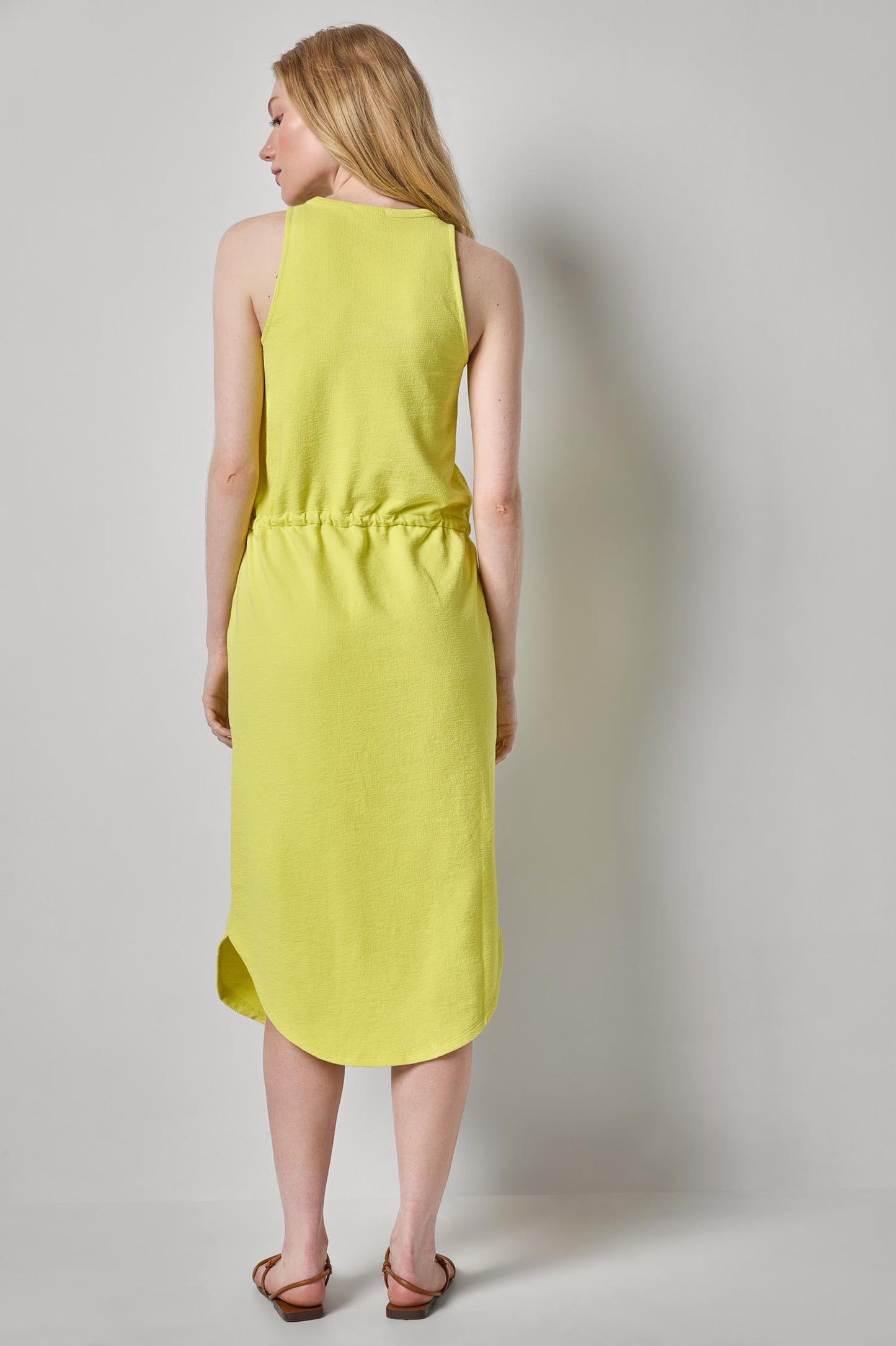 Textured Terry Shirttail Midi Dress in yellow cotton terry with rope waist, LILLA P, HCO collection
