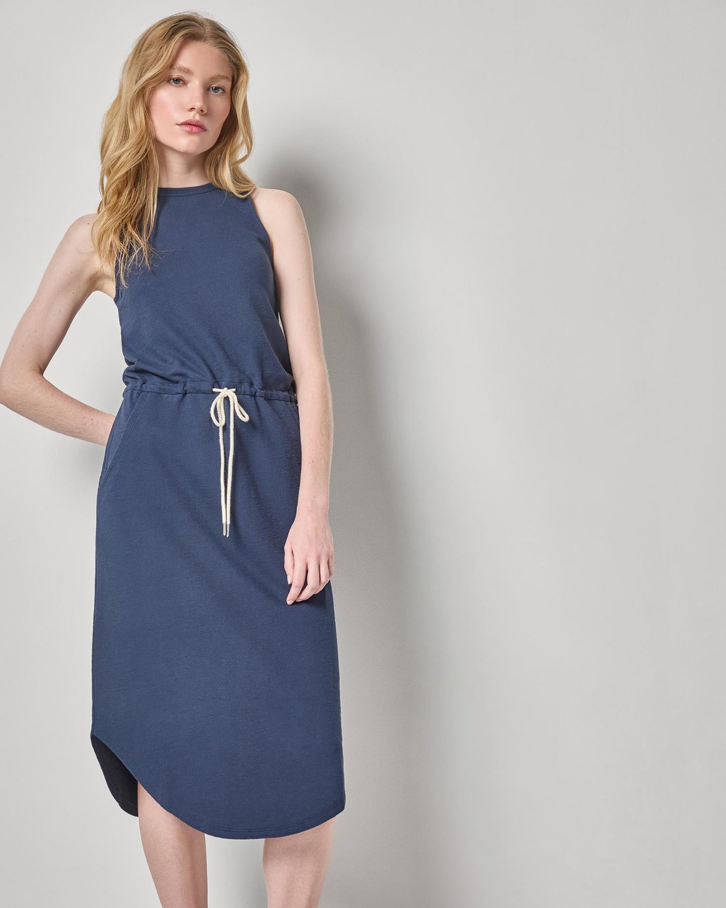 Textured Terry Shirttail Midi Dress in navy cotton terry with rope waist, LILLA P, Women's Dresses & Jumpsuits collection