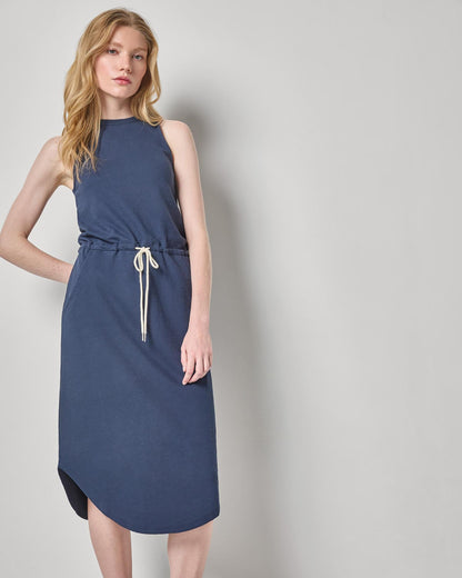 Textured Terry Shirttail Midi Dress in navy cotton terry with rope waist, LILLA P, Women's Dresses & Jumpsuits collection