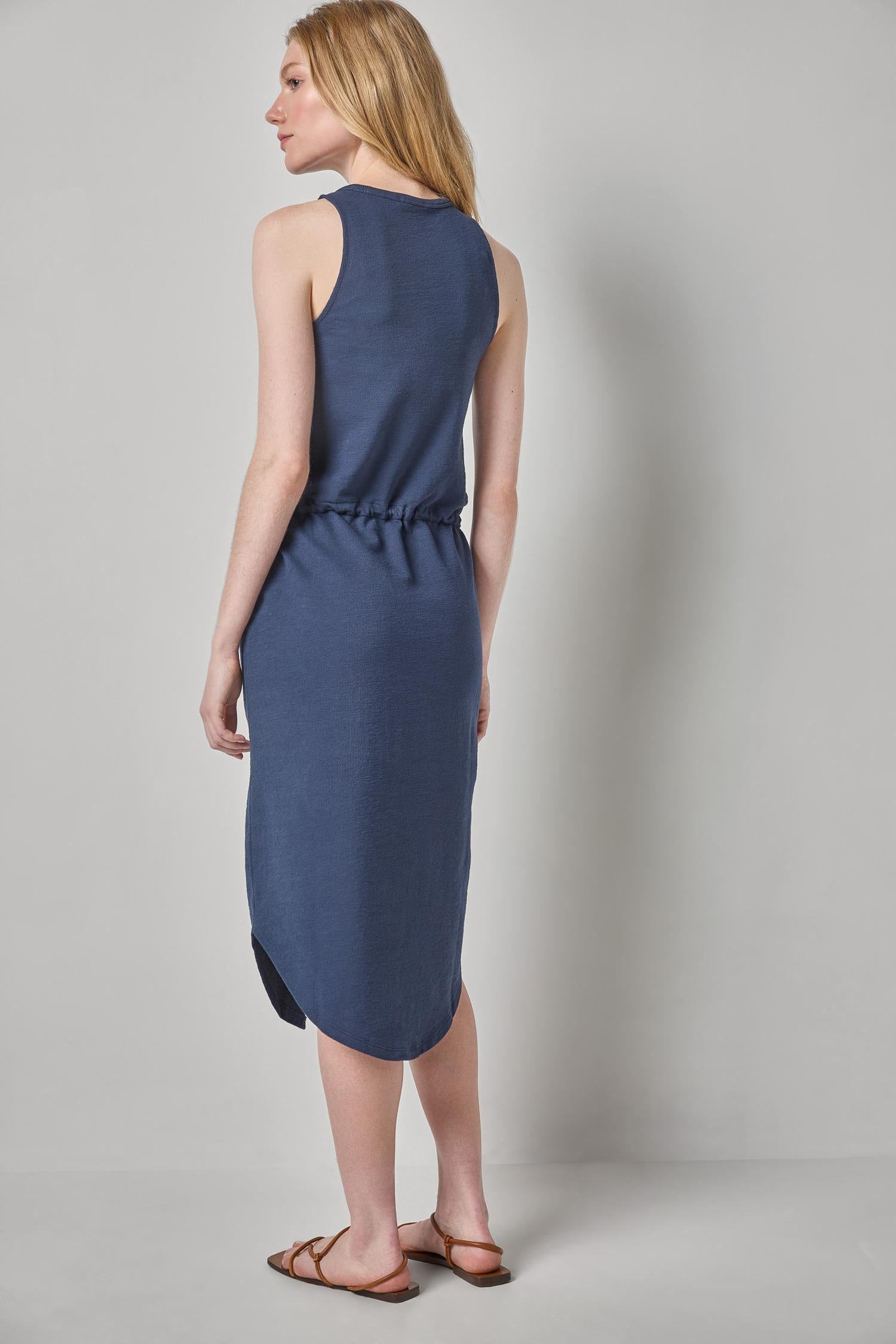 Textured Terry Shirttail Midi Dress in navy cotton terry with rope waist, LILLA P, HCO collection