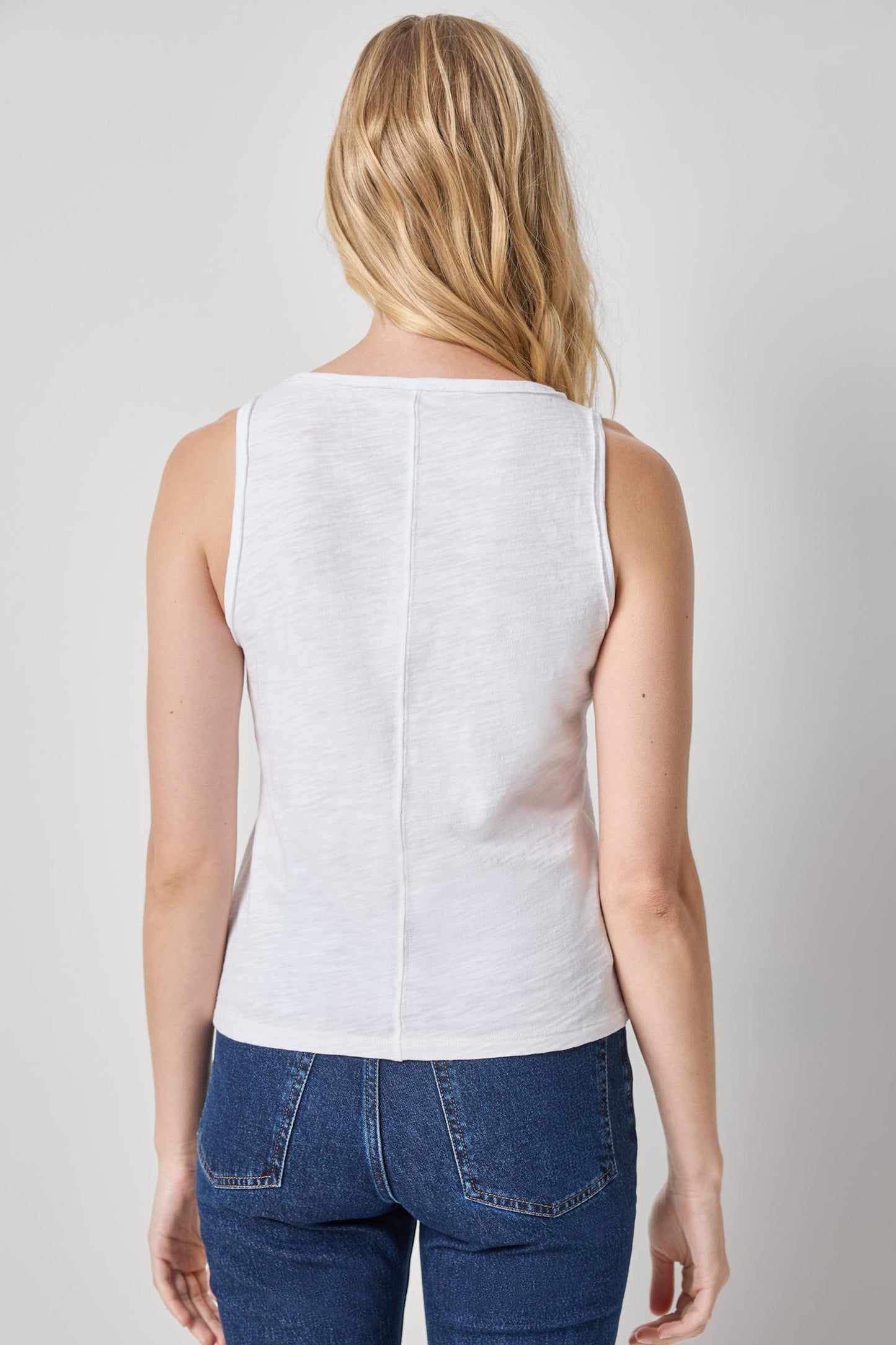 Lace Up Tank in white Peruvian cotton knit, back view, from LILLA P women's shirts collection