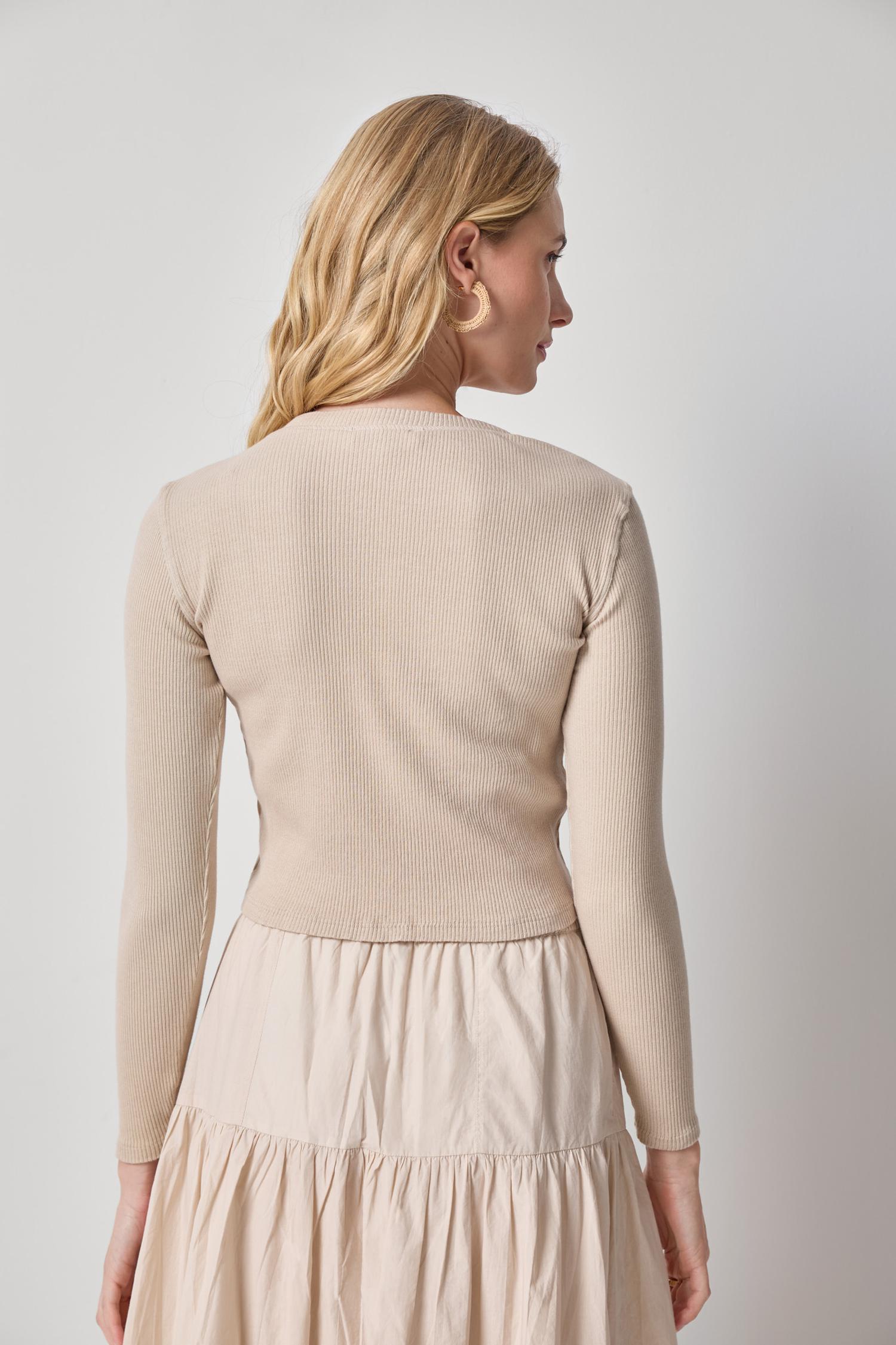 Mixed Media Cardigan in beige ribbed cotton knit with poplin detail, LILLA P Women's Sweaters