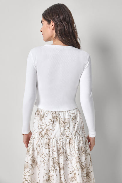 Mixed Media Cardigan in white ribbed cotton knit with poplin trim, styled in Fredericksburg TX