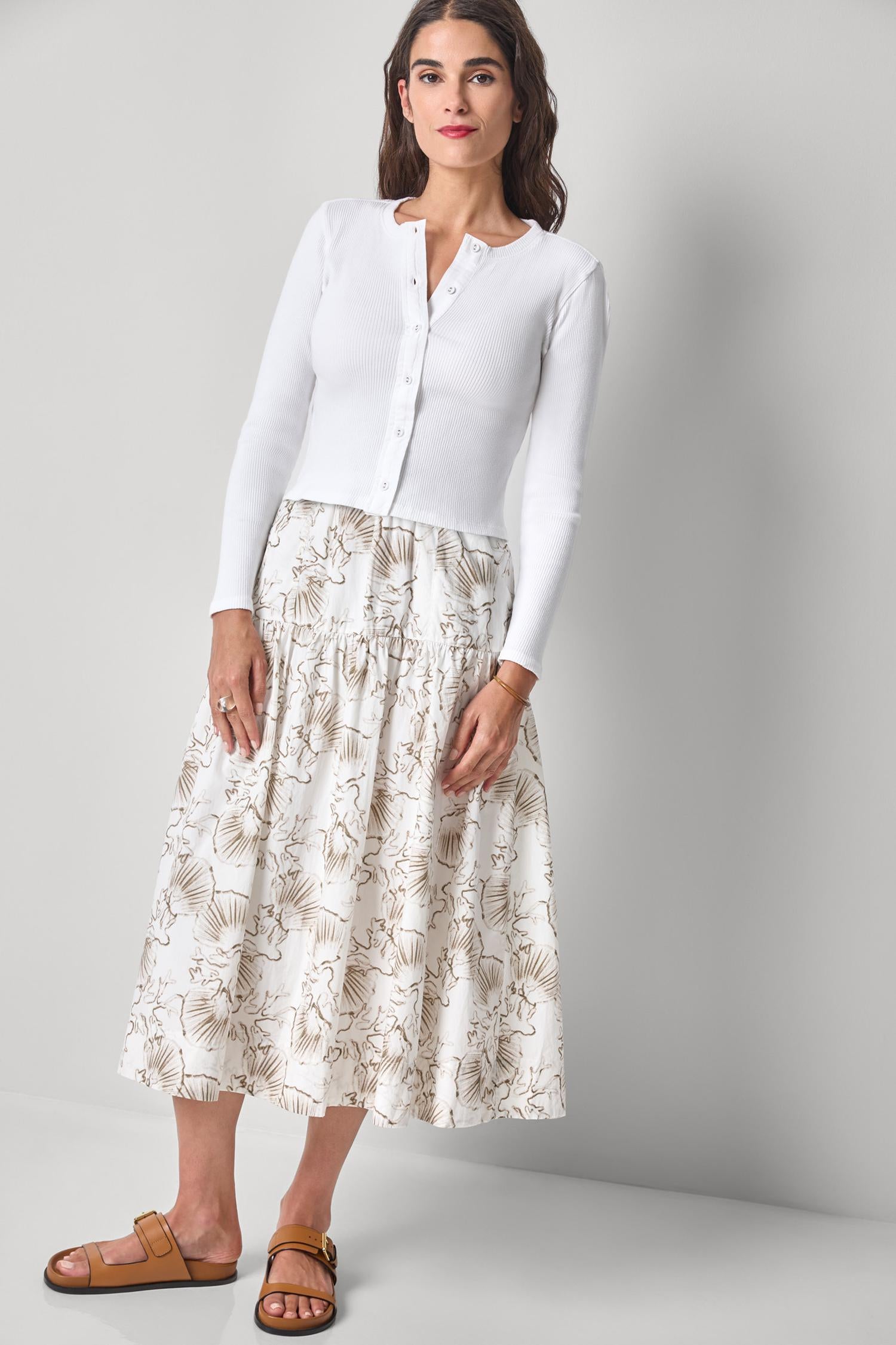 Mixed Media Cardigan in white ribbed cotton with poplin-trimmed button front by LILLA P