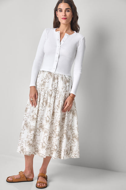 Mixed Media Cardigan in white ribbed cotton with poplin-trimmed button front by LILLA P