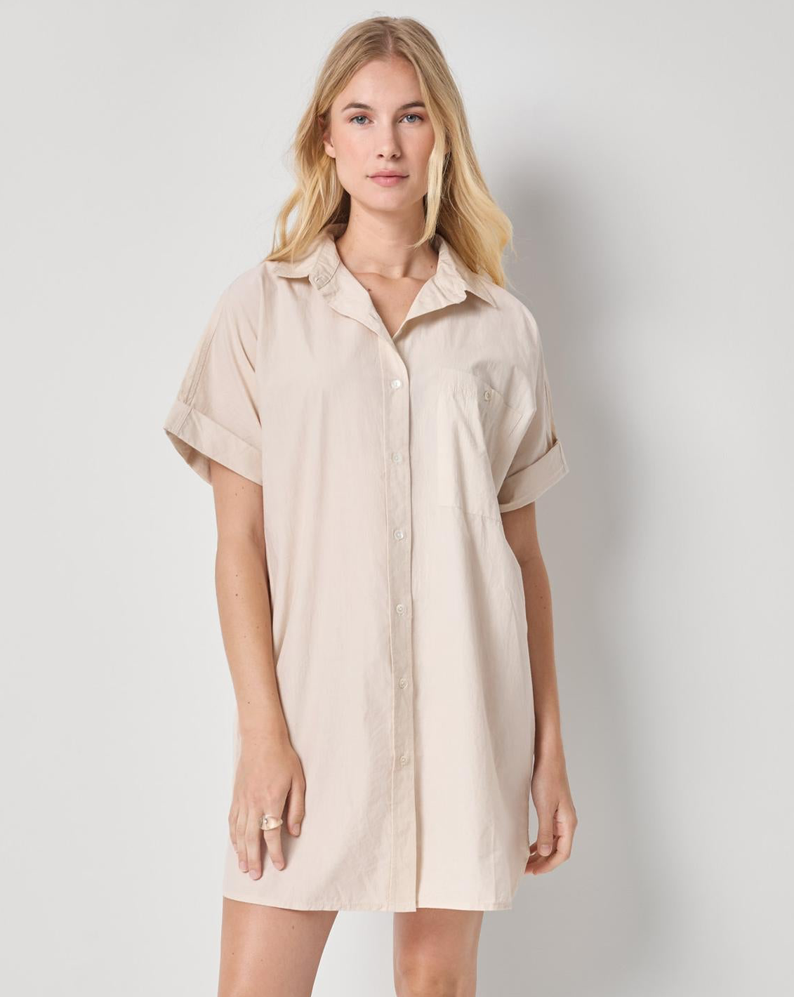 Poplin Dolman Shirt Dress in beige woven cotton with rolled sleeves and button front by LILLA P