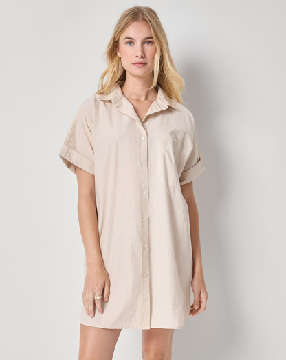 Poplin Dolman Shirt Dress in beige woven cotton with rolled sleeves and button front by LILLA P