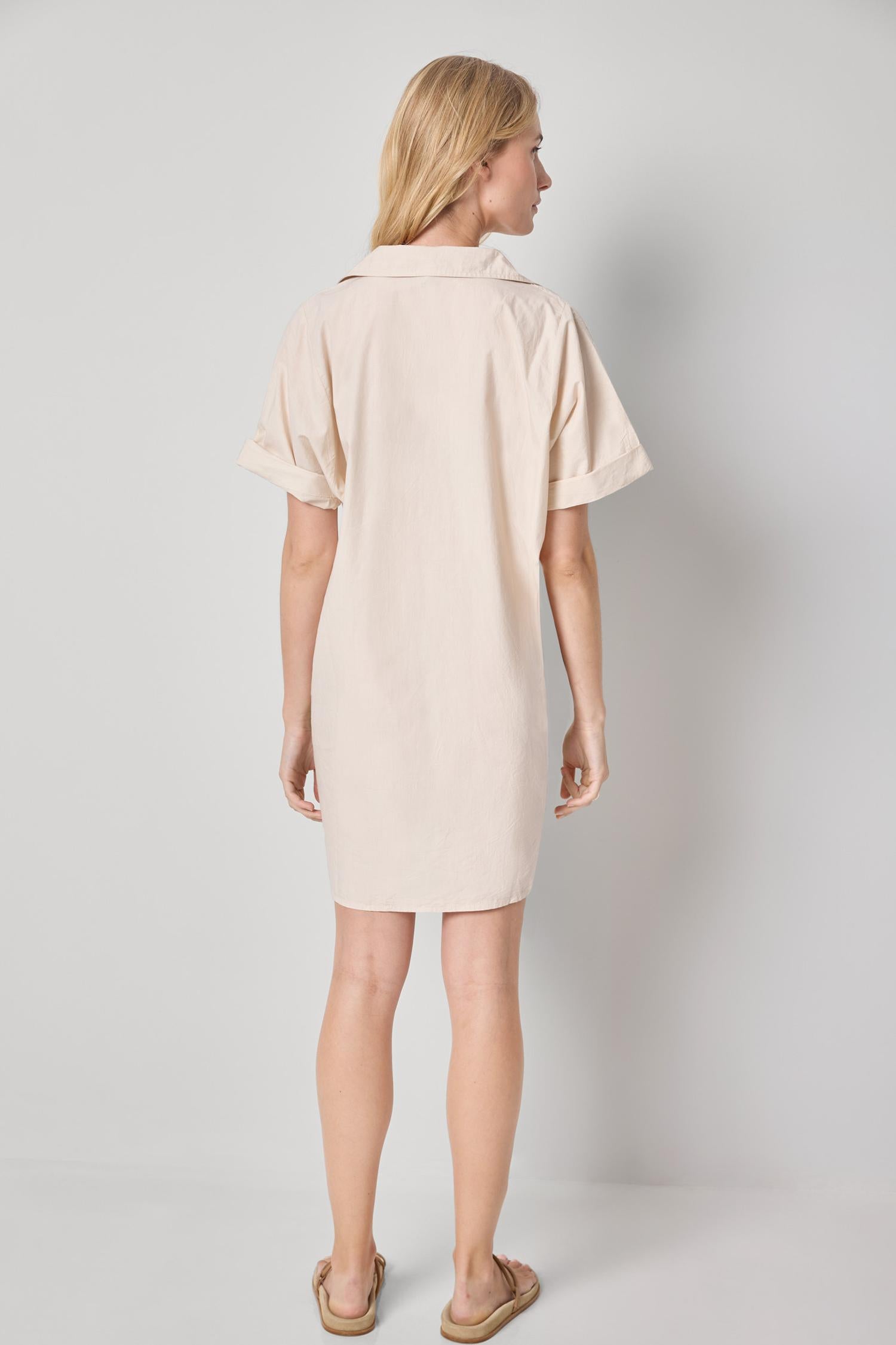 Poplin Dolman Shirt Dress in beige cotton with rolled sleeves and relaxed fit by LILLA P