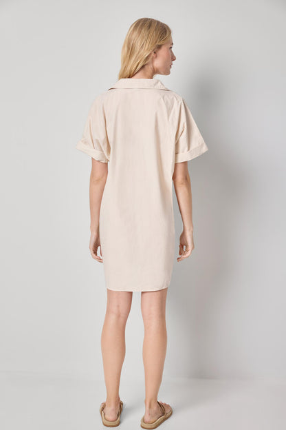 Poplin Dolman Shirt Dress in beige cotton with rolled sleeves and relaxed fit by LILLA P