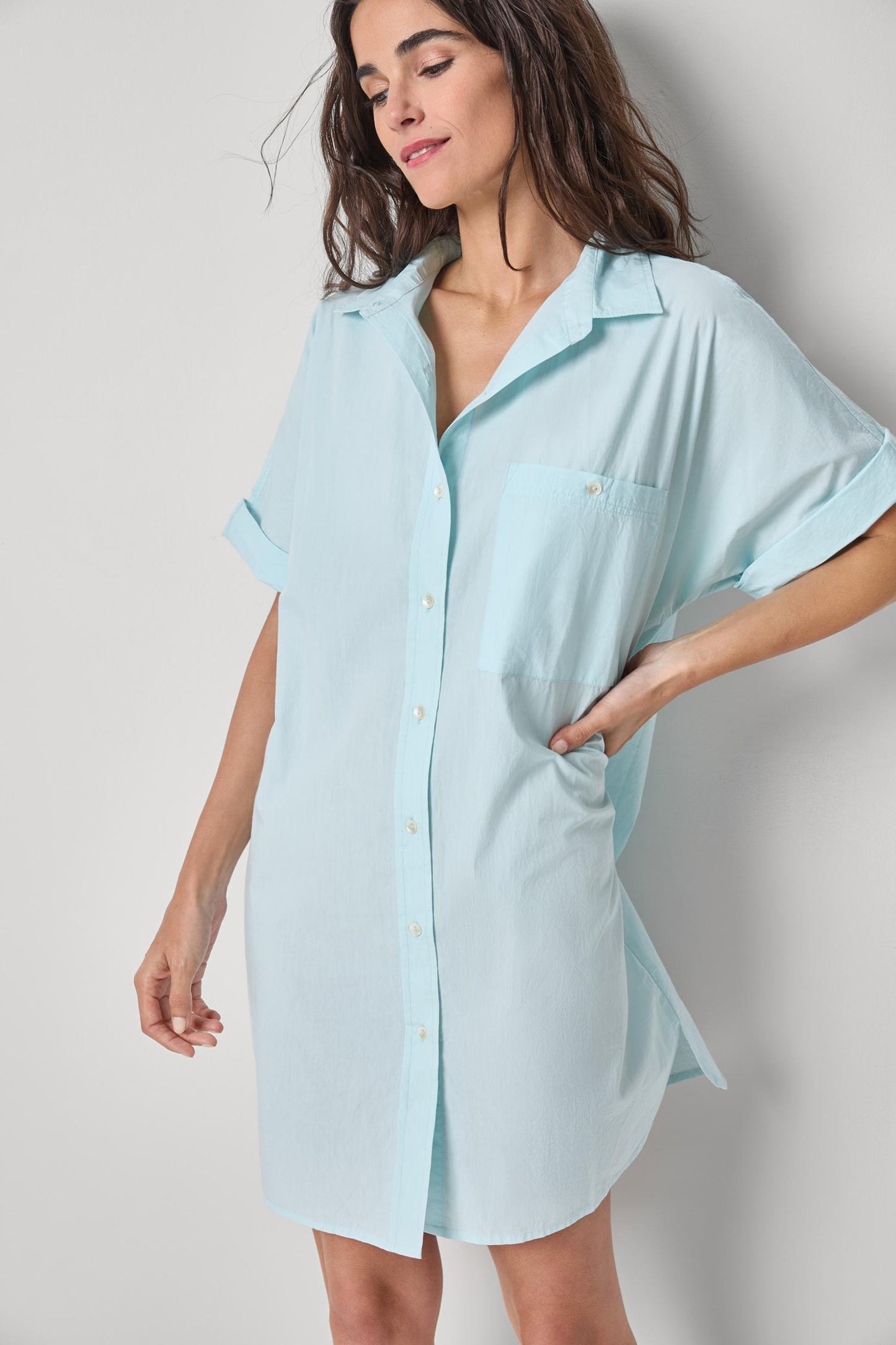 Poplin Dolman Shirt Dress in light blue cotton with button front and relaxed fit by LILLA P