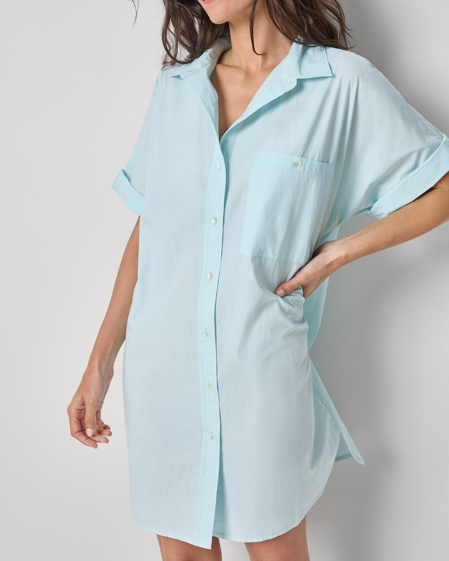 Poplin Dolman Shirt Dress in light blue cotton with button front and relaxed fit by LILLA P