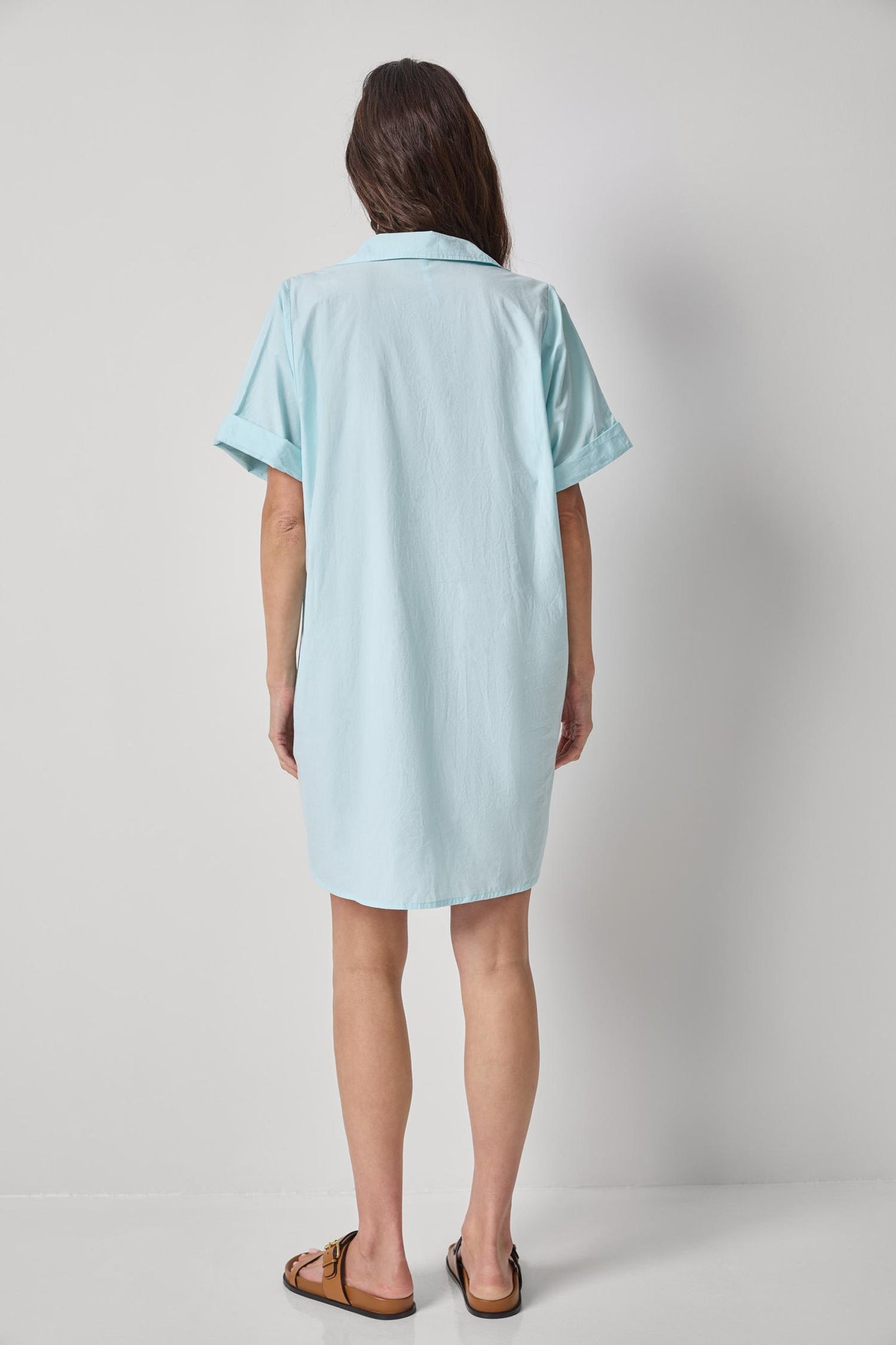 Poplin Dolman Shirt Dress in light blue cotton with relaxed fit and rolled sleeves by LILLA P