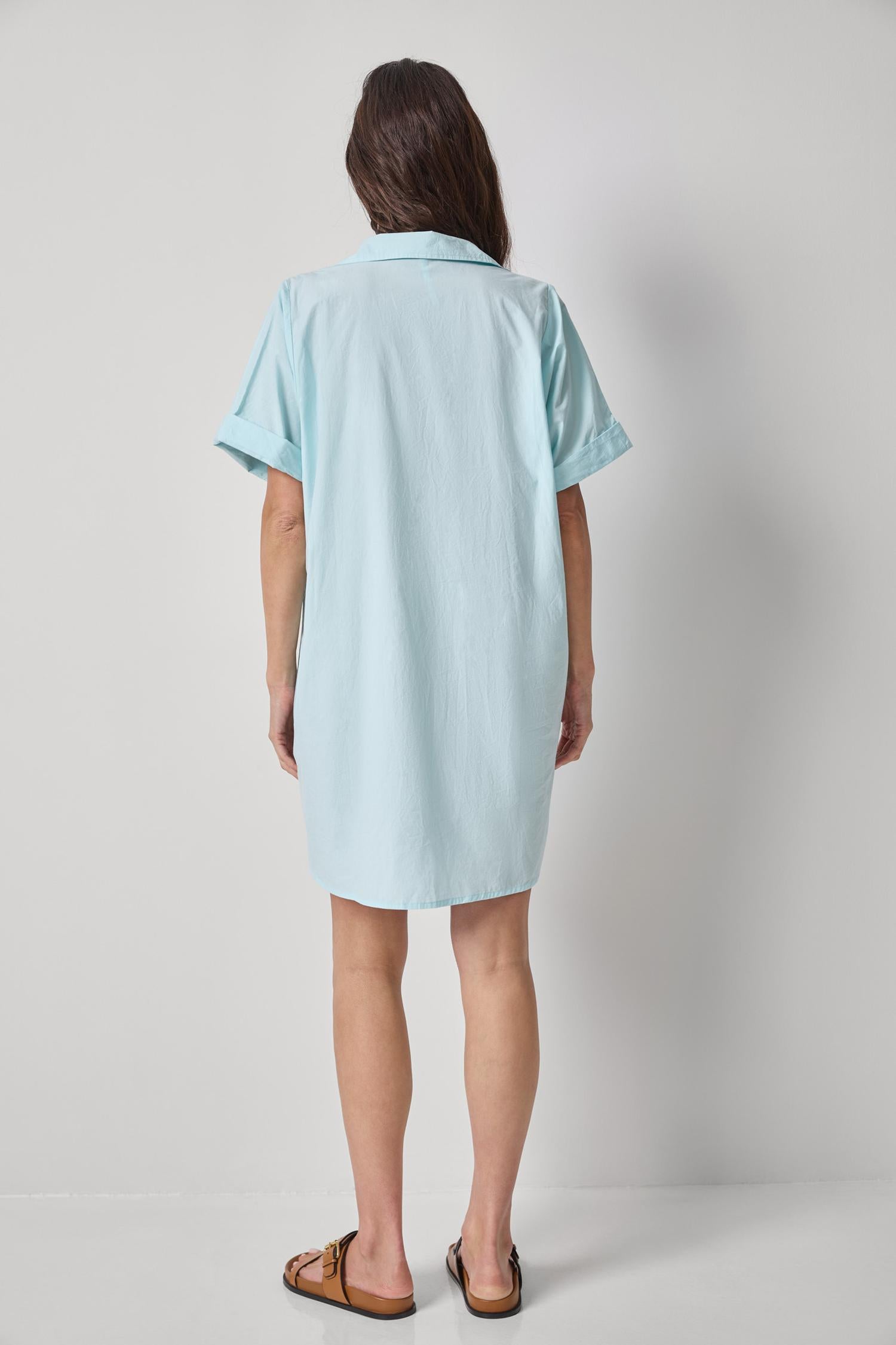 Poplin Dolman Shirt Dress in light blue cotton with relaxed fit and rolled sleeves by LILLA P