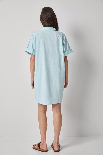 Poplin Dolman Shirt Dress in light blue cotton with relaxed fit and rolled sleeves by LILLA P