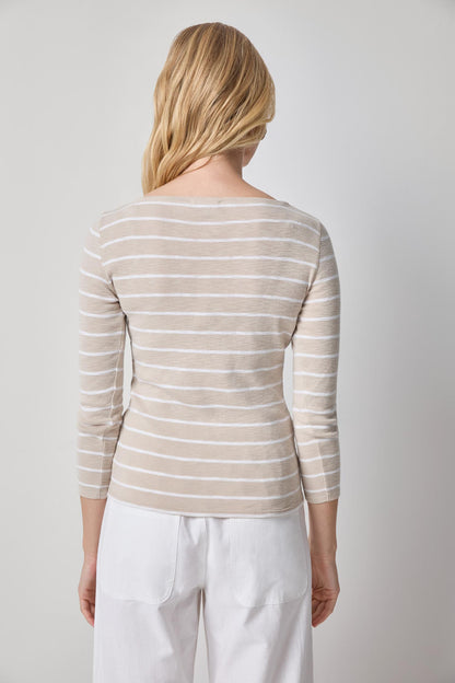 Striped Boatneck in beige and white 1x1 rib cotton with 3/4 sleeves by LILLA P, Hill Country style