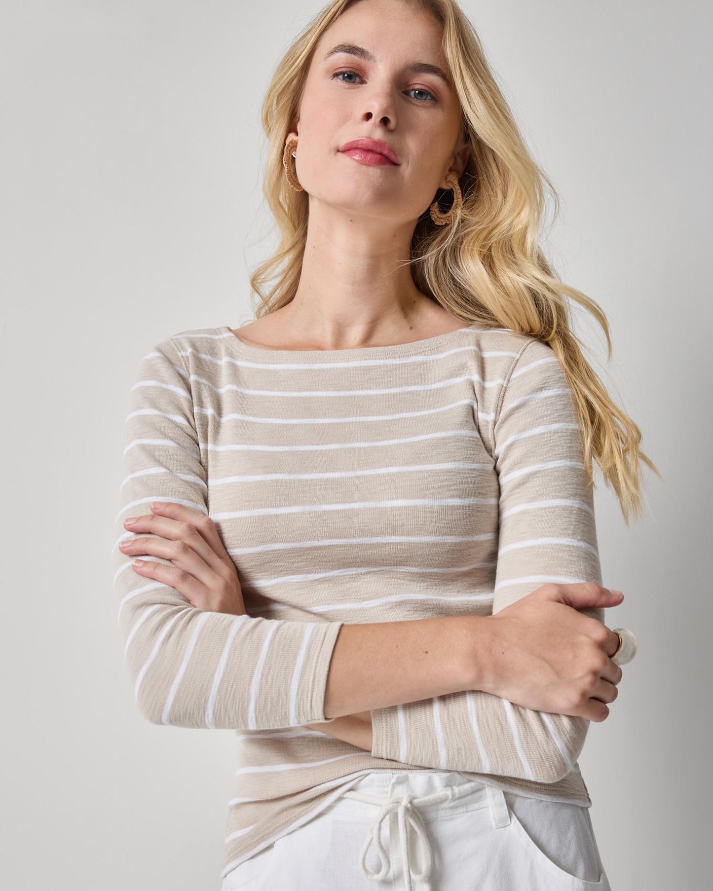 Striped Boatneck in beige and white 1x1 rib cotton, 3/4 sleeve by LILLA P, HCO collection