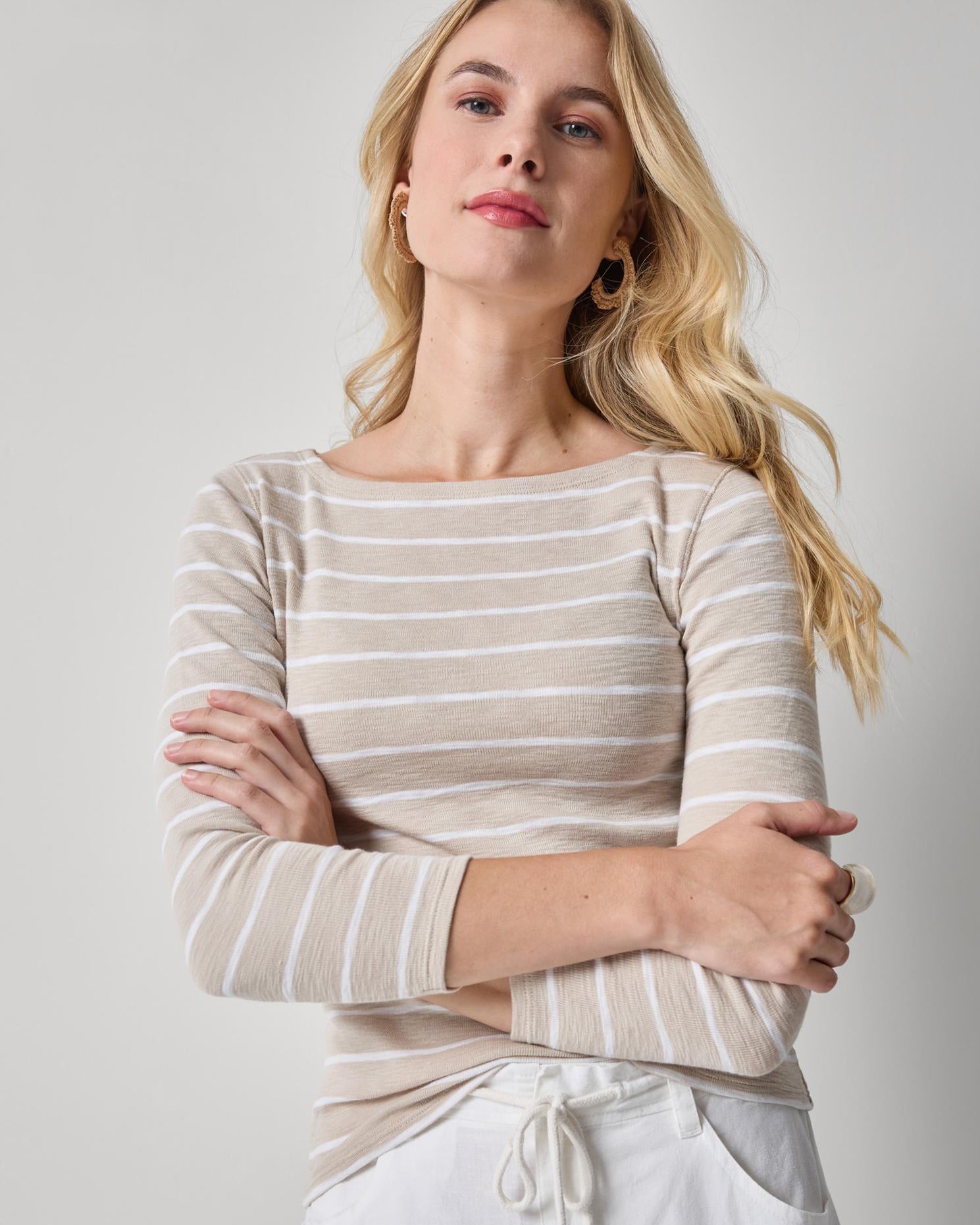 Striped Boatneck in beige and white 1x1 rib cotton, 3/4 sleeve by LILLA P, HCO collection