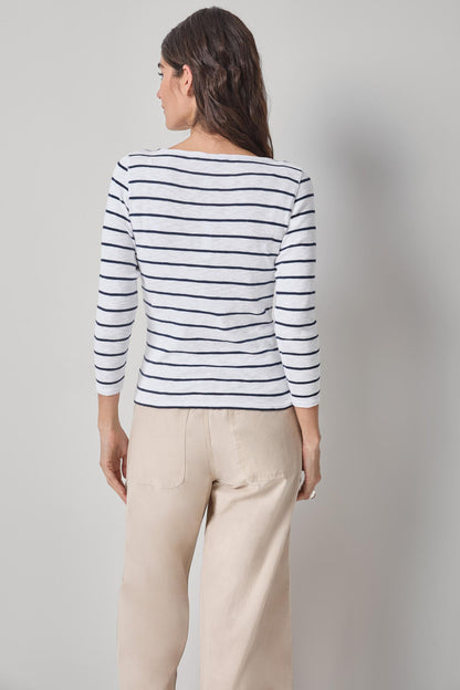 Striped Boatneck in navy and white 1x1 rib cotton with 3/4 sleeves by LILLA P, HCO collection