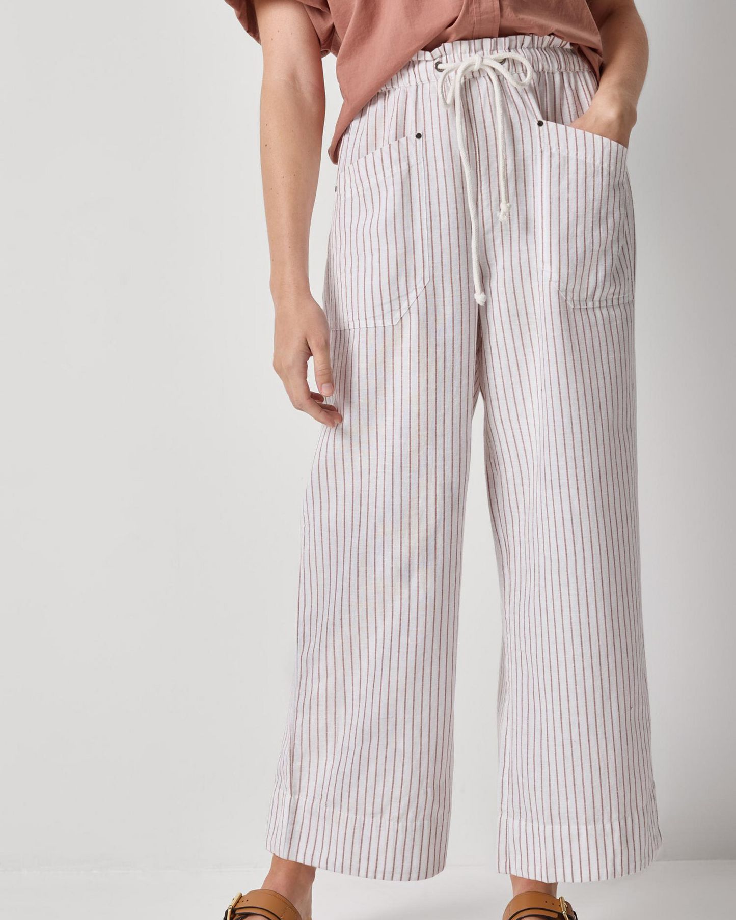 Striped Pant in white cotton-linen blend with drawcord waist, patch pockets, wide fit by LILLA P