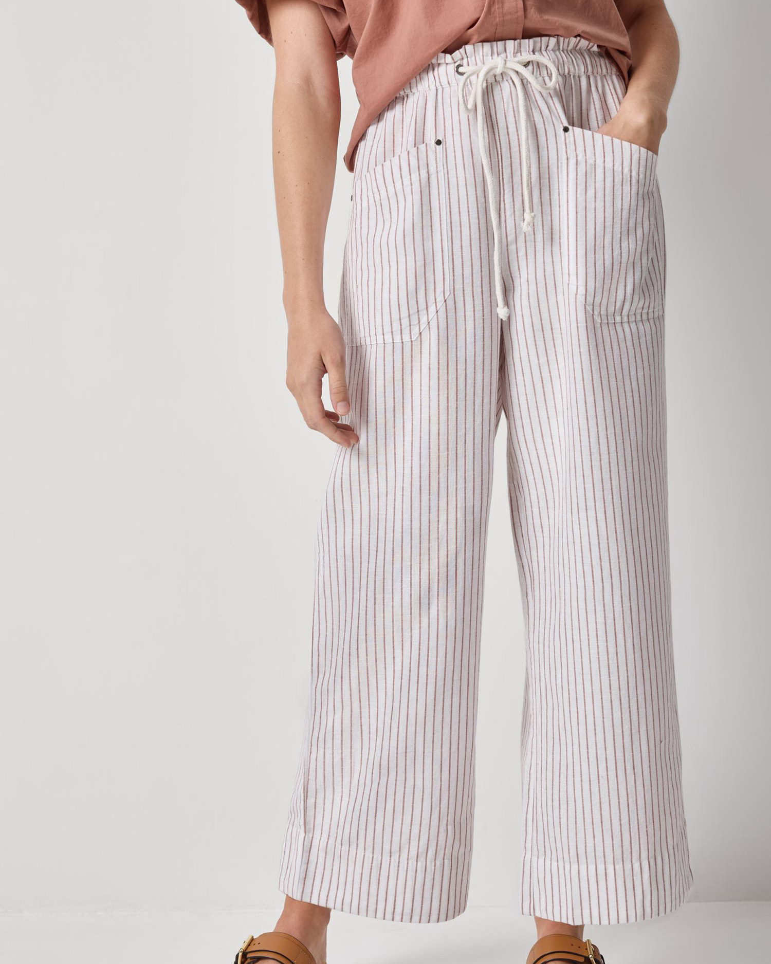 Striped Pant in white cotton-linen blend with drawcord waist, patch pockets, wide fit by LILLA P