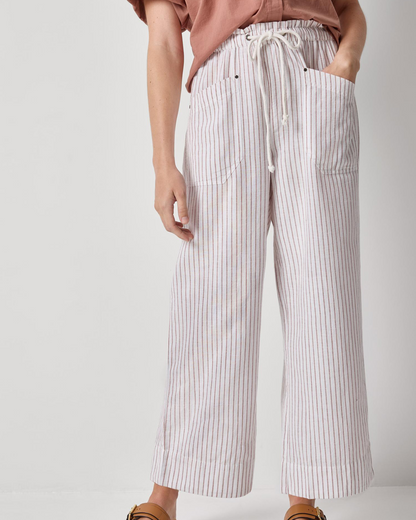 Striped Pant in white cotton-linen blend with drawcord waist, patch pockets, wide fit by LILLA P