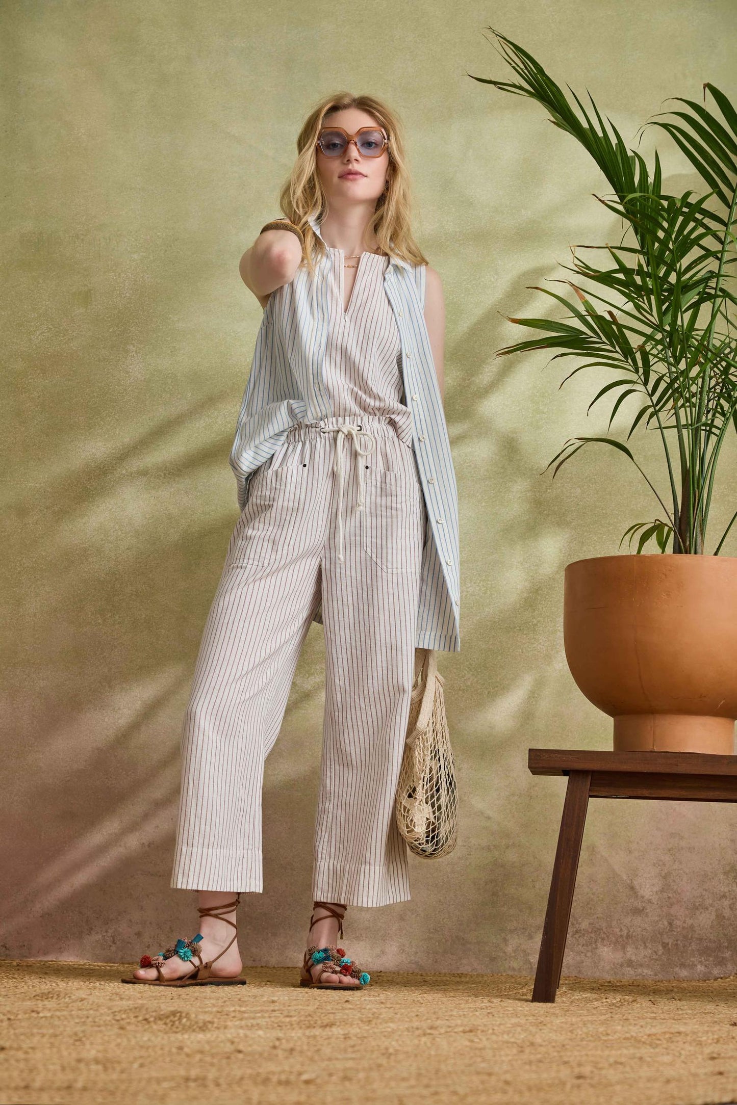 Striped Pant in white stretch cotton-linen blend with elastic waist and drawcord by LILLA P