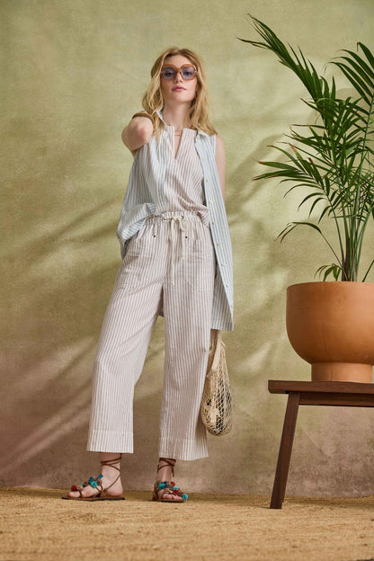 Striped Pant in white stretch cotton-linen blend with elastic waist and drawcord by LILLA P