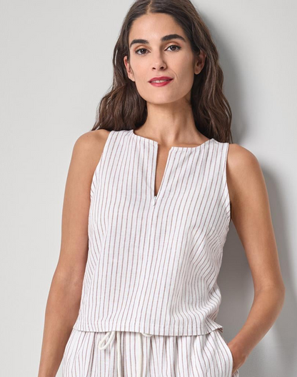 Sleeveless Zip Top in white striped cotton-linen blend with hidden front zip by LILLA P