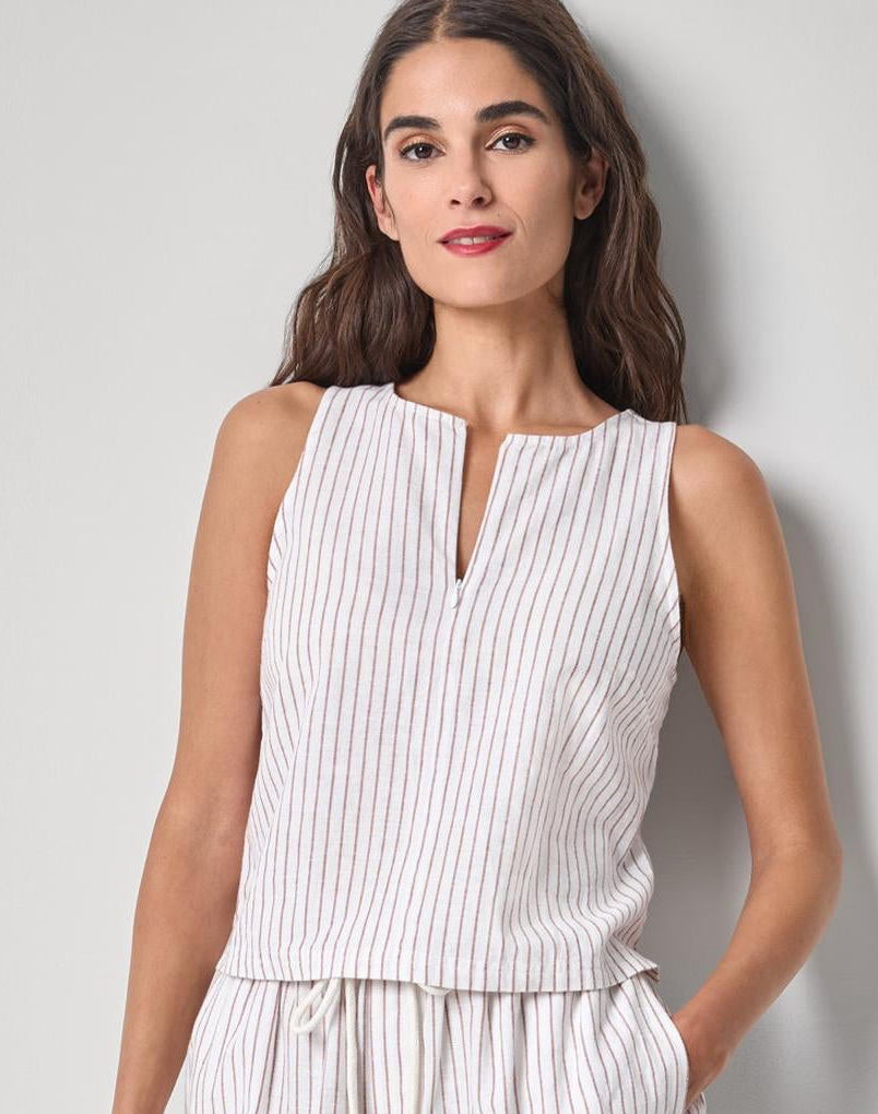 Sleeveless Zip Top in white striped cotton-linen blend with hidden front zip by LILLA P