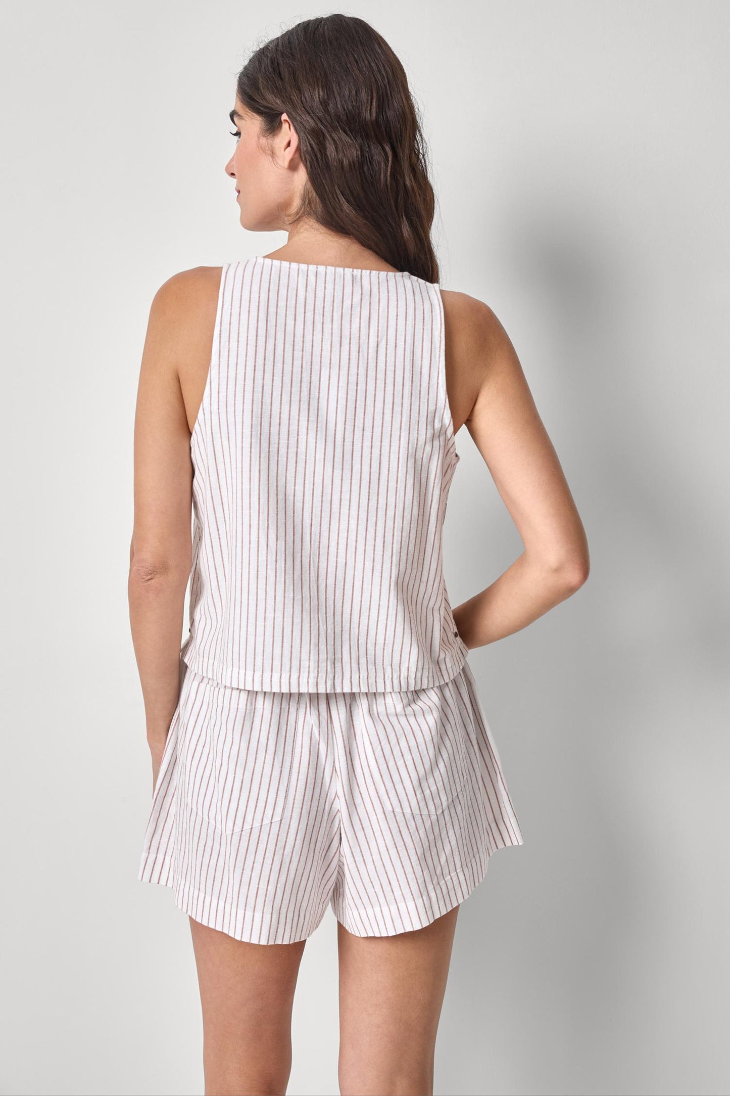Sleeveless Zip Top in white striped cotton-linen blend, breathable fabric by LILLA P, HCO collection