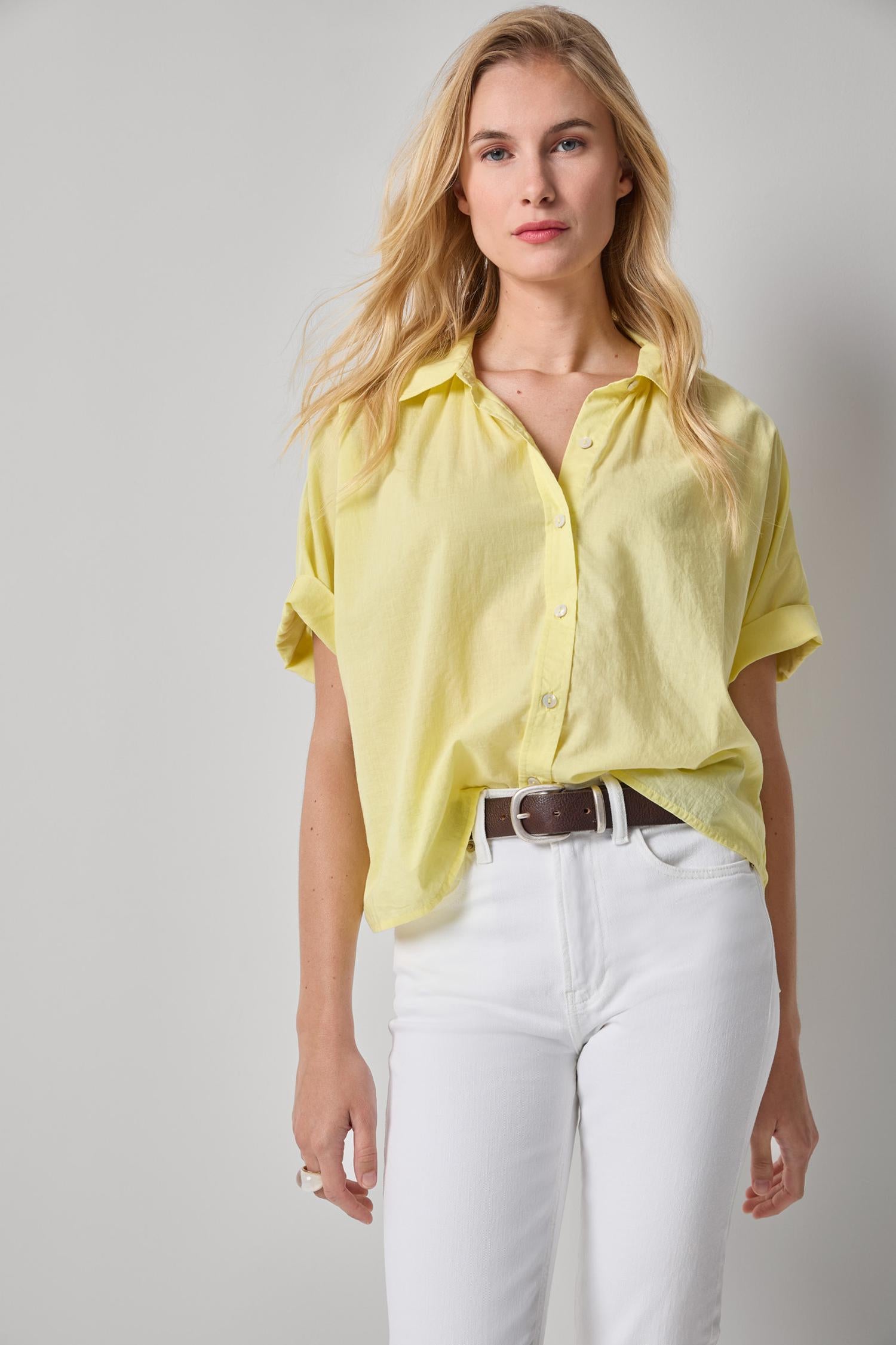Elbow Sleeve Button Down in yellow cotton voile with oversized fit and rolled sleeves by LILLA P