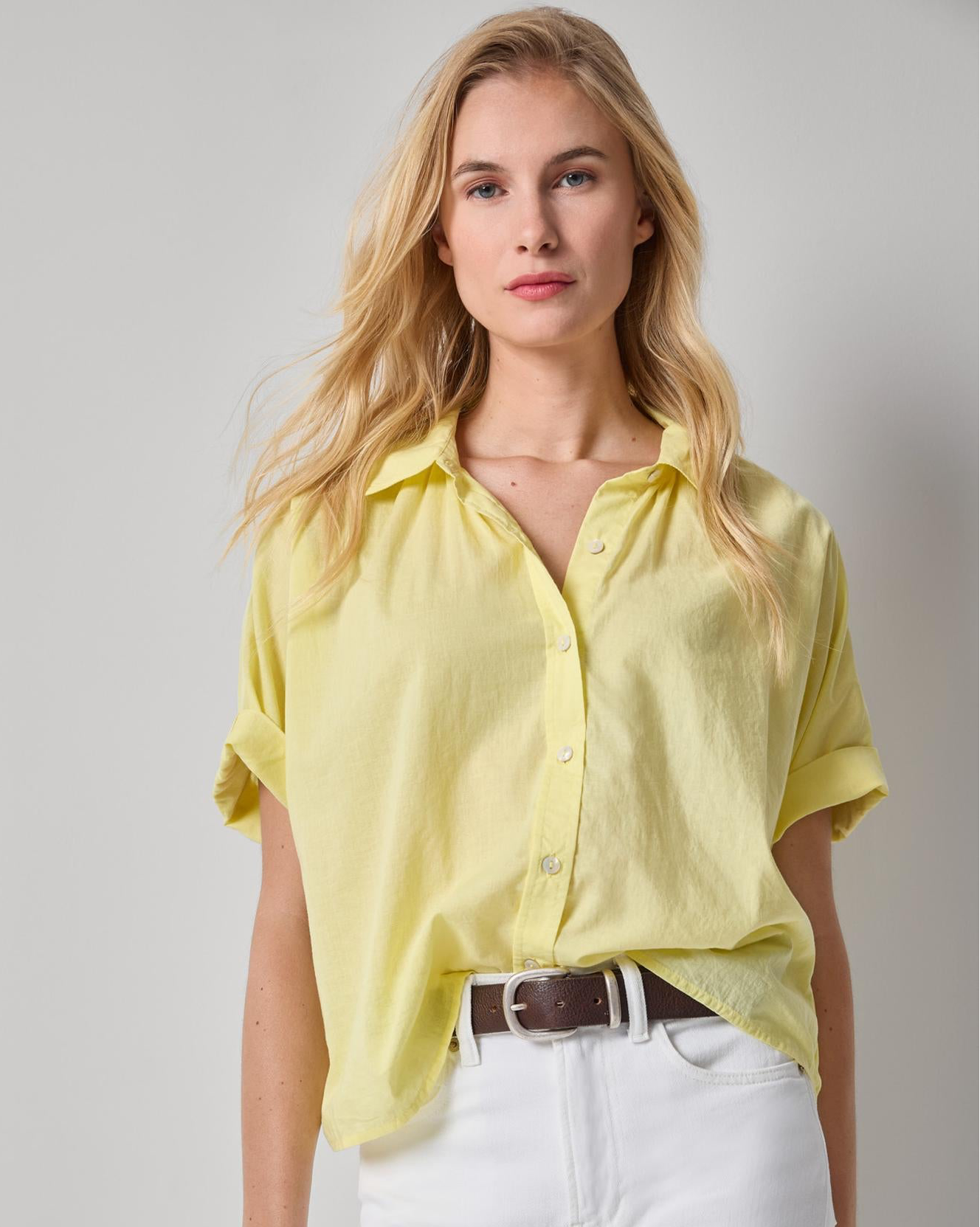 Elbow Sleeve Button Down in yellow lightweight cotton voile with oversized fit by LILLA P