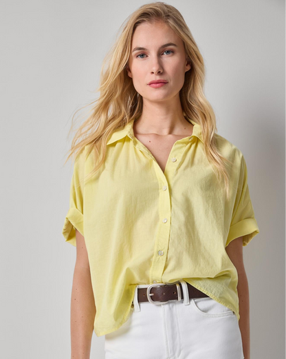 Elbow Sleeve Button Down in yellow lightweight cotton voile with oversized fit by LILLA P