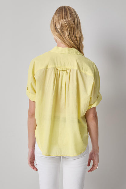 Elbow Sleeve Button Down in yellow cotton voile with oversized fit and rolled sleeves by LILLA P