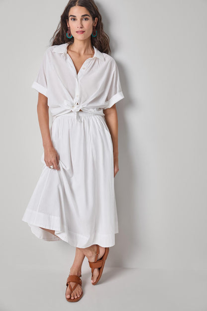 Elbow Sleeve Button Down in white cotton voile with oversized fit and rolled sleeves by LILLA P