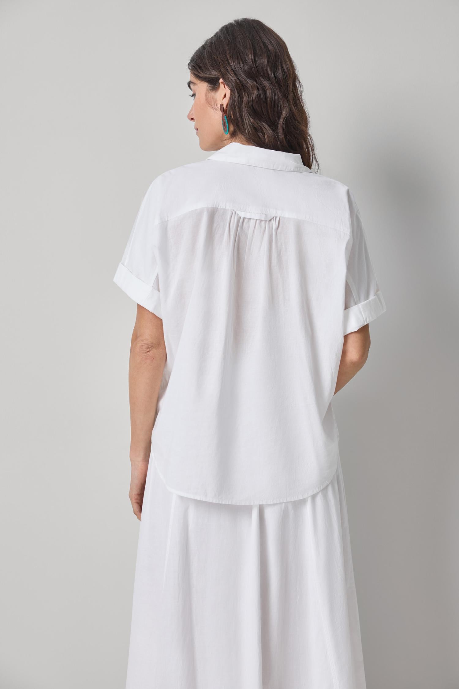 Elbow Sleeve Button Down in white cotton voile with rolled sleeves and oversized fit by LILLA P