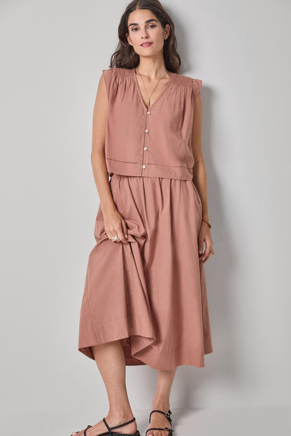 Smocked Shoulder V-Neck in muted rose pink cotton voile with button front by LILLA P boutique