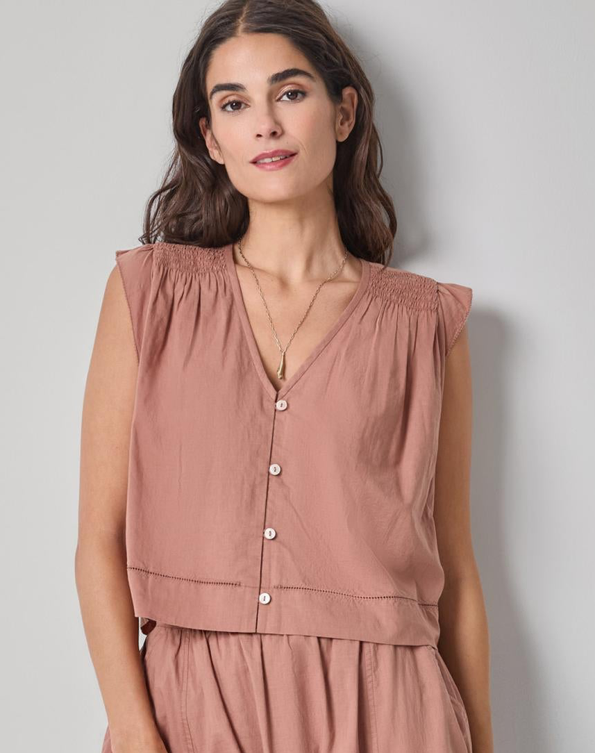 Smocked Shoulder V-Neck in muted pink cotton voile with button front by LILLA P at HCO Fredericksburg