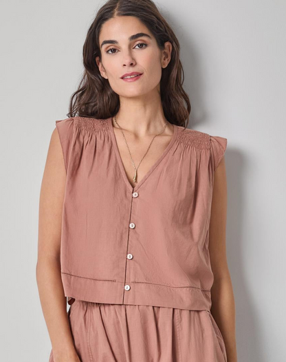 Smocked Shoulder V-Neck in muted pink cotton voile with button front by LILLA P at HCO Fredericksburg