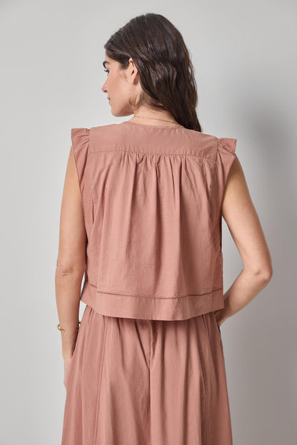 Smocked Shoulder V-Neck in pink cotton voile with ruffle cap sleeves by LILLA P boutique