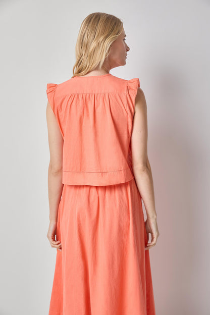 Smocked Shoulder V-Neck in orange cotton voile with ruffle sleeves by LILLA P, Fredericksburg TX