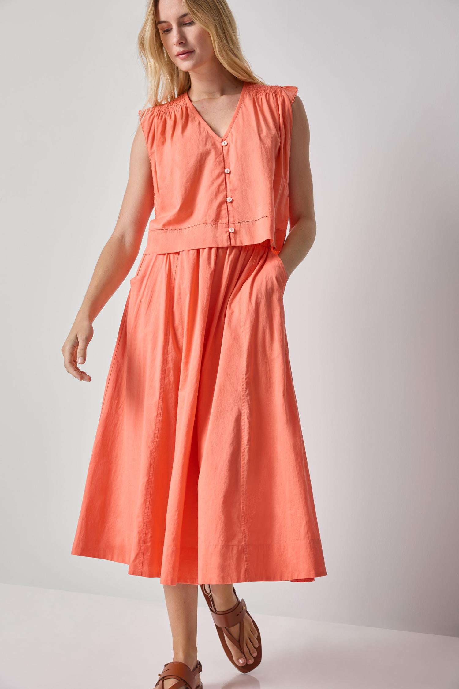 Smocked Shoulder V-Neck in orange cotton voile with button front by LILLA P, Fredericksburg TX