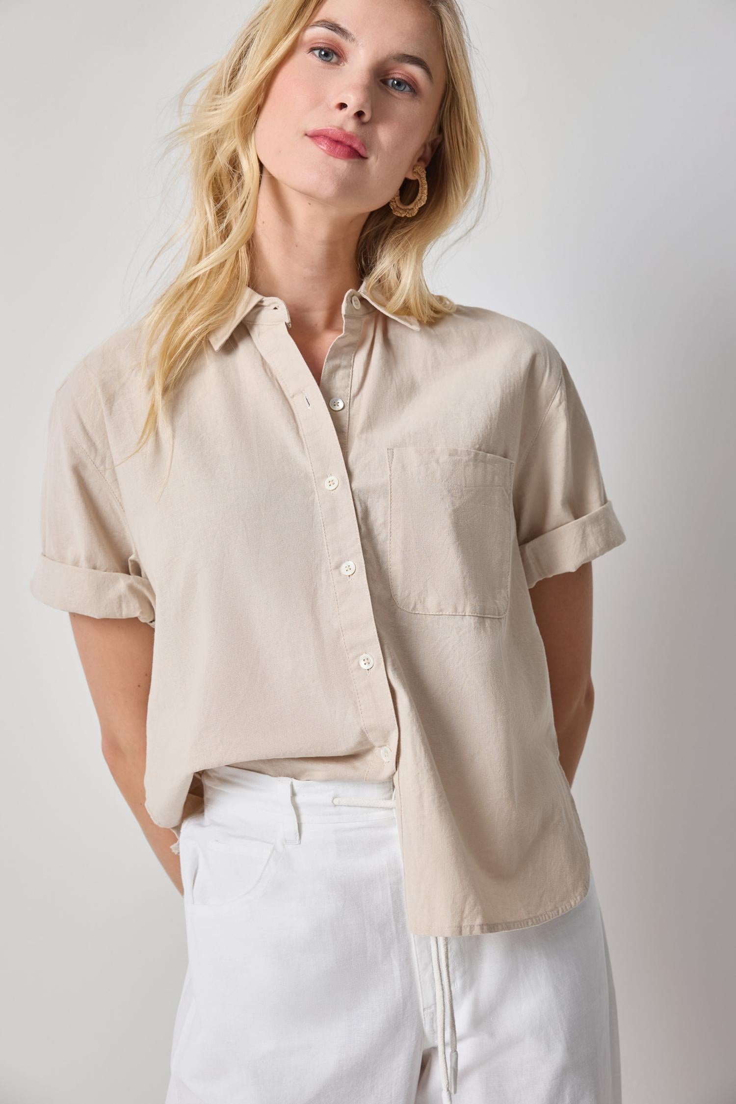 Linen Blend Boyfriend Button Down in beige relaxed fit with subtle slub texture by LILLA P