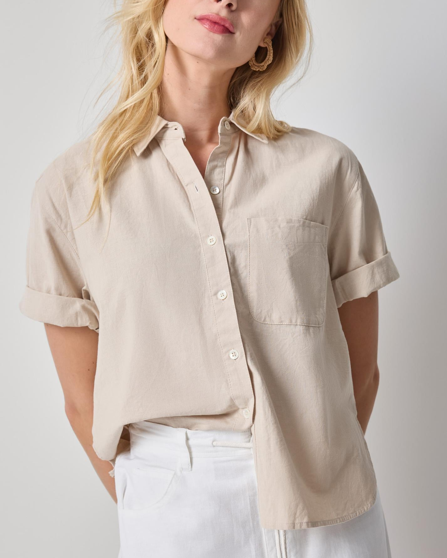 Linen Blend Boyfriend Button Down in beige, relaxed fit cotton-linen mix by LILLA P, HCO collection