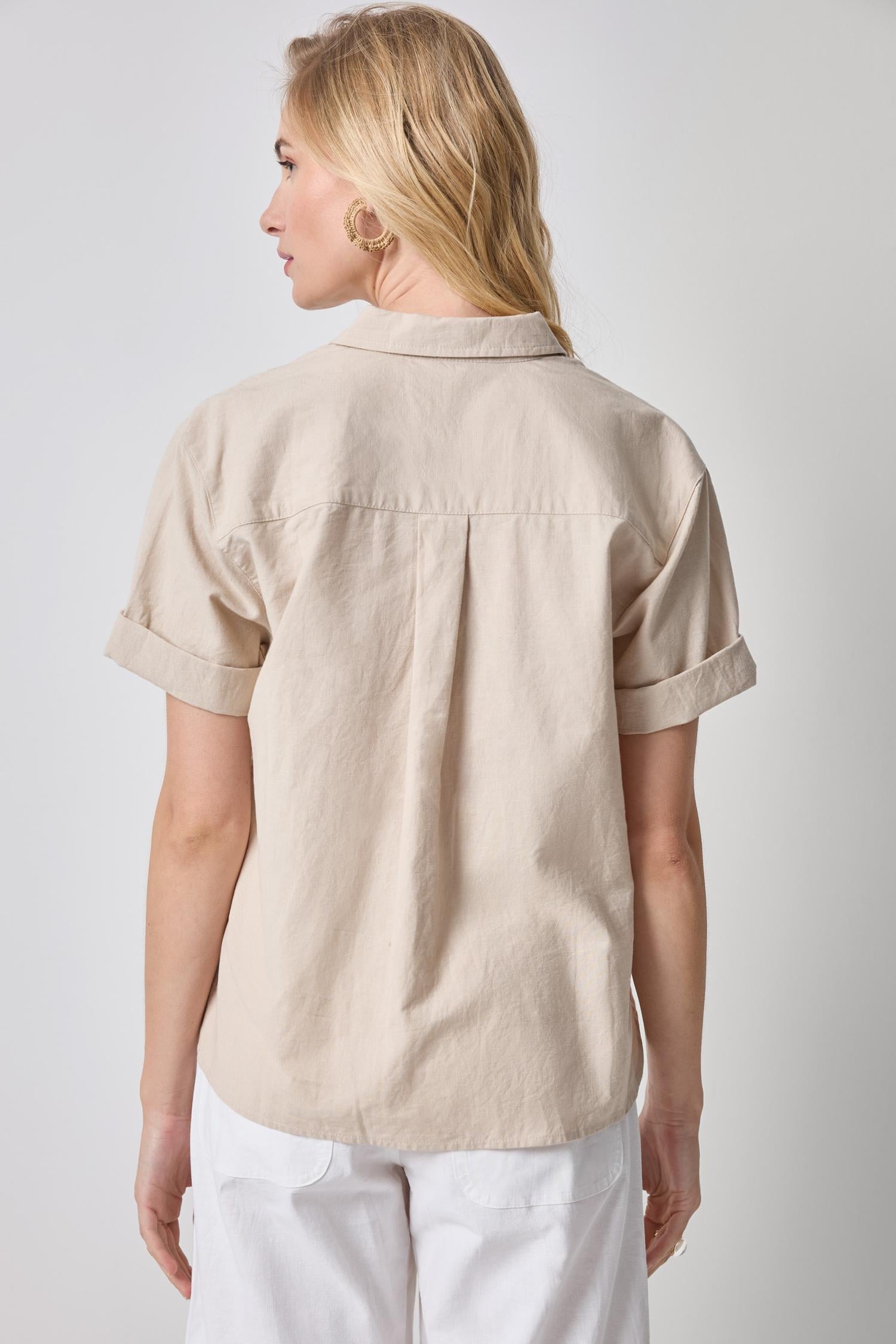 Linen Blend Boyfriend Button Down in beige relaxed fit with subtle slub texture by LILLA P