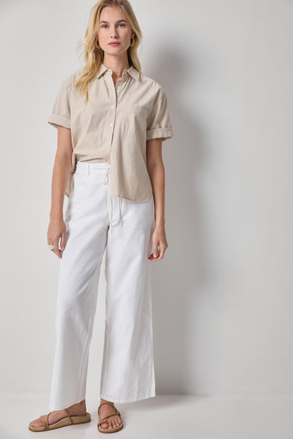 Linen Blend Boyfriend Button Down in beige relaxed fit with subtle slub texture by LILLA P